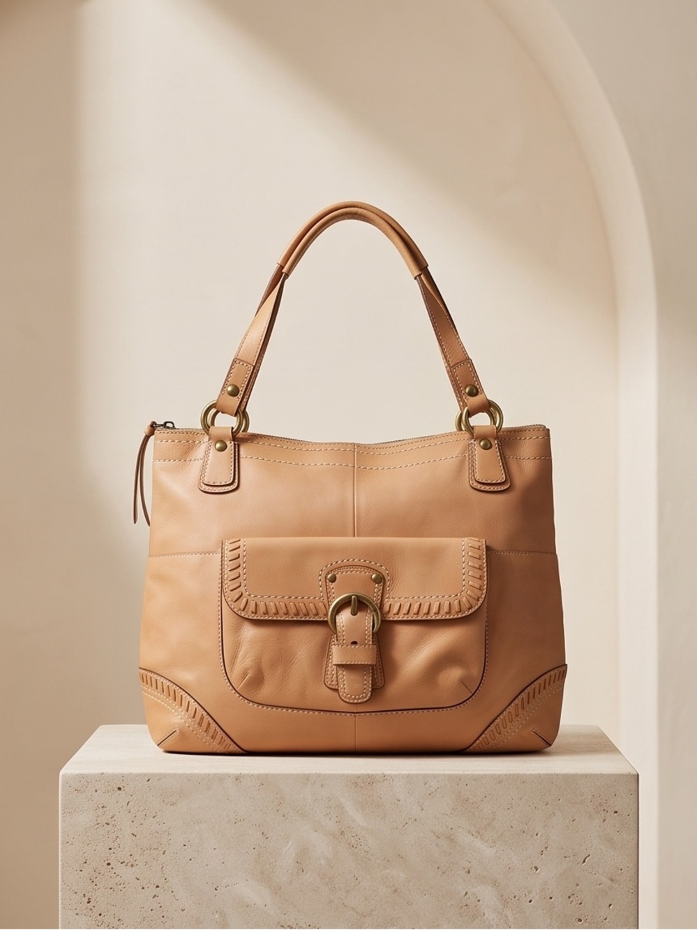 Coach Poppy Whipstitch Leather Tote in Warm Tan with Front Buckle Pocket